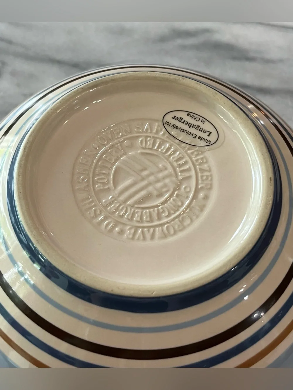 Vintage Longaberger Pottery Cabana Blue Stripe Round Serving Bowl Vitrified USA